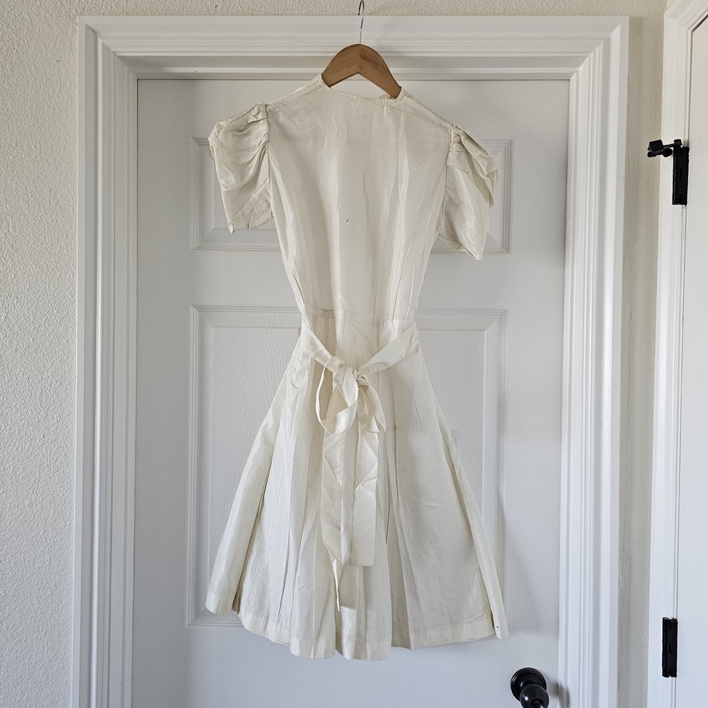 1930s Vintage Ivory Midi Dress Bow Tie Front to Back Strap Puff Sleeve #45 - Picture 2 of 9